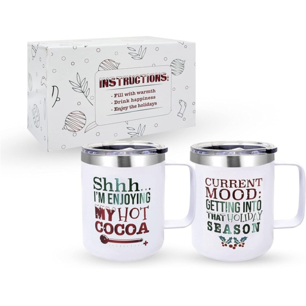 Set of white Christmas insulated mugs with lid set new